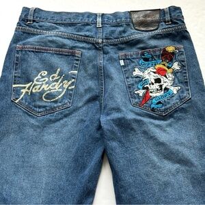 Vintage Ed Hardy Jeans Mens 38x32 Embroidered Eagle Skull Y2K Christian Audigier